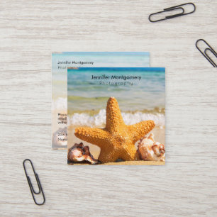 Cartão De Visita Quadrado Starfish e Seashells na praia