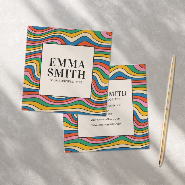 Cartão De Visita Quadrado Stripes Retro Arco-Íris (Criador carregado)