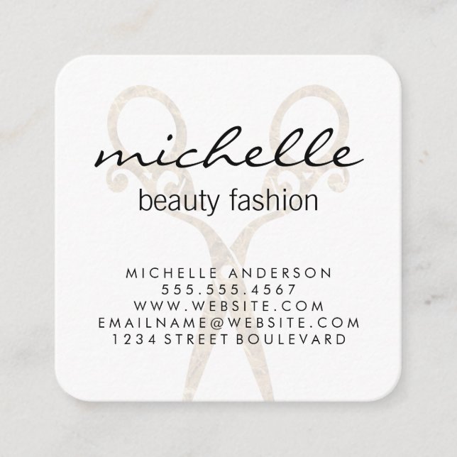 Cartão De Visita Quadrado Stylist de Tesouras de Salão de rico (Frente)