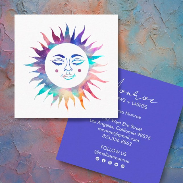 Cartão De Visita Quadrado Suave Sunshine Rainbow Boho Line Art Mídia Social (Rainbow sunshine custom business cards with social media icons)