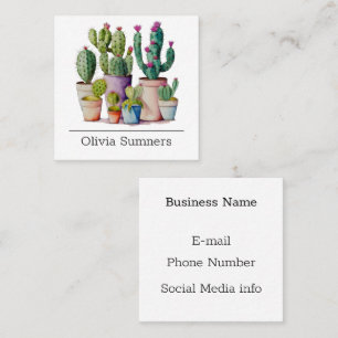 Cartão De Visita Quadrado Sucultivos cactos de aquarela branca em potes