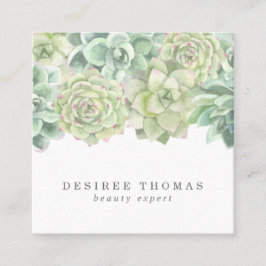 Cartão De Visita Quadrado Sucultivos de Aquarela Verde Botânica