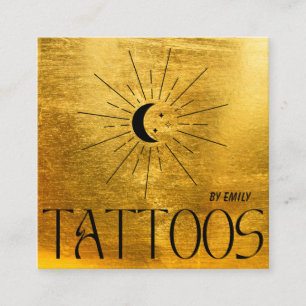 Cartão De Visita Quadrado Sun Celestial Tatuagem Salão Dourado Metálico