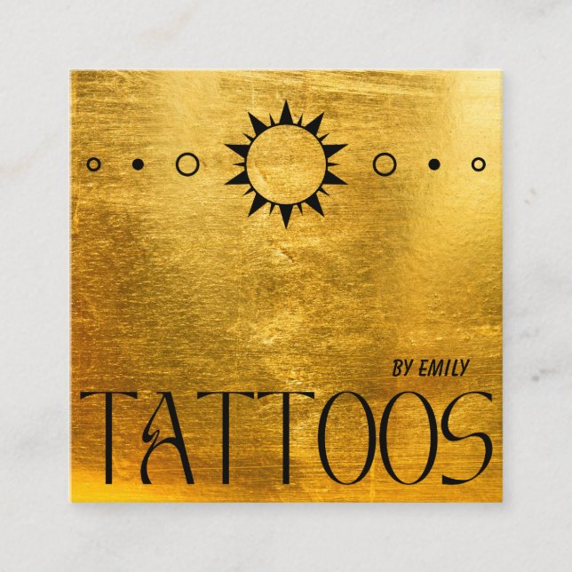 Cartão De Visita Quadrado Sun Celestial Tatuagem Salão Dourado Metálico (Frente)