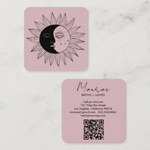 Cartão De Visita Quadrado Sun e Moon Boho Line Art Elegante Código QR rosa