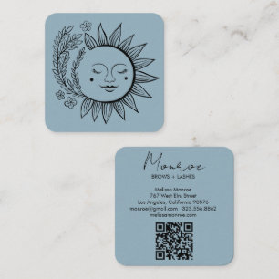 Cartão De Visita Quadrado Sun Floral Boho Line Art Elegante Código QR Azul