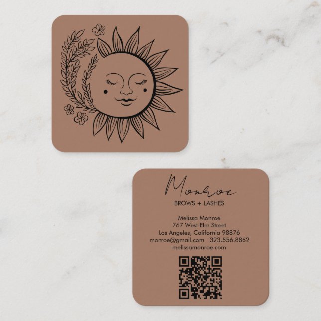 Cartão De Visita Quadrado Sun Floral Boho Line Art Elegante Código QR Mocha (Frente/Verso)