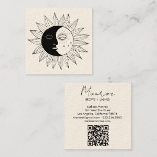Cartão De Visita Quadrado Sun & Moon Boho Line Art Elegante Creme de Código 