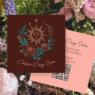 Cartão De Visita Quadrado Sun Moon e Rosas Magical Boho Colorido QR PERSONAL