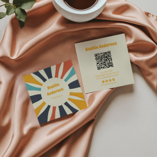 Cartão De Visita Quadrado Sunburst Colorido Retroativo com Código QR - Elega