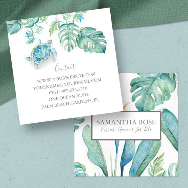 Cartão De Visita Quadrado Tartaruga Marinha em Aquarela Folhagem Tropical (Florida tropical sea turtle business cards feature watercolor art Victoria Grigaliunas DoTellABelle)