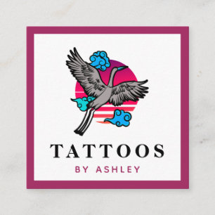 Cartão De Visita Quadrado Tatuador de Ilustração de Crane Japonês Funky