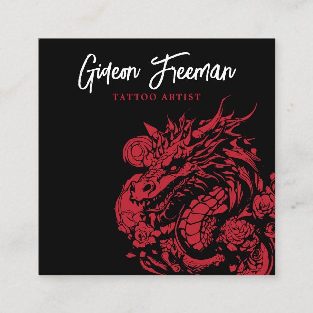 Cartão De Visita Quadrado Tatuador Trendy Red e Black Dragon (Frente)