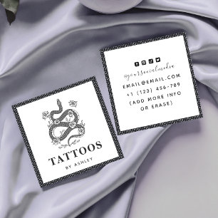 Cartão De Visita Quadrado Tatuagem Artista Floral Cobra Illustração Rosas Da