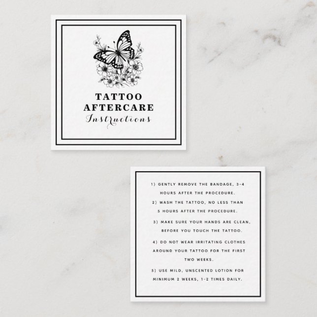 Cartão De Visita Quadrado Tatuagem de Borboleta Floral Após Cuidados (Frente/Verso)
