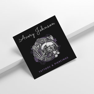 Cartão De Visita Quadrado Tatuagem do Crânio Gótico Floral