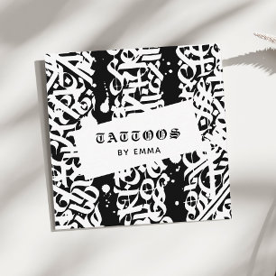 Cartão De Visita Quadrado Tatuagem Estilo Caligrafia Típica Preta e Branca