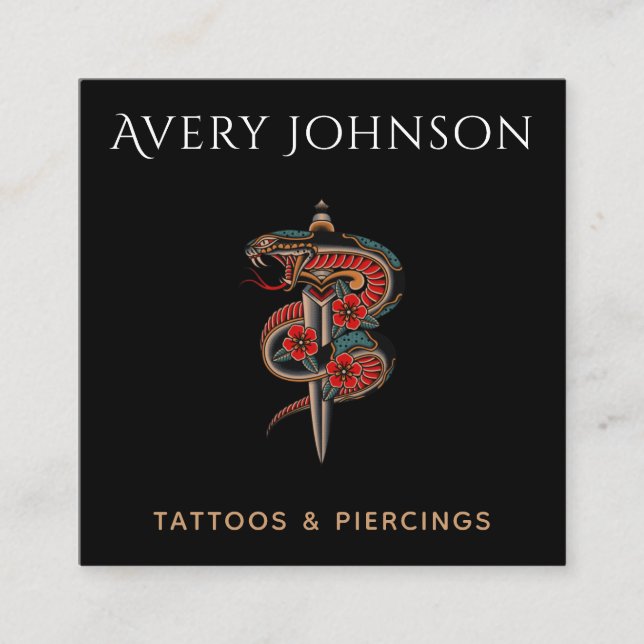 Cartão De Visita Quadrado Tatuagem Moderna e Piercing Cobra Floral e Cavalei (Frente)