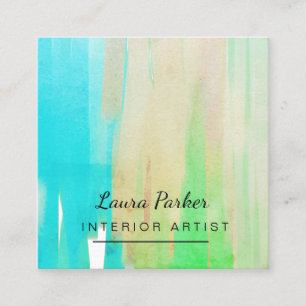 Cartão De Visita Quadrado Teal Blue Abstrato Modern Paint Watercolor Artista