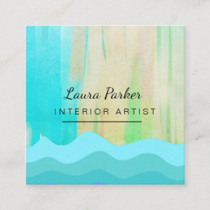 Cartão De Visita Quadrado Teal Blue Abstrato Modern Paint Watercolor Artista