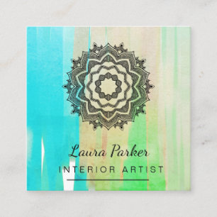 Cartão De Visita Quadrado Teal Blue Lotus Modern Paint Watercolor Artista