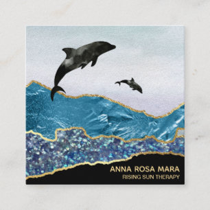 Cartão De Visita Quadrado *~* Teal Glam Beach Dolphins Dourados Glitter Blac