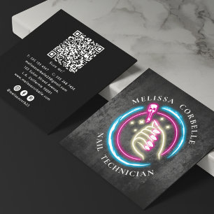 Cartão De Visita Quadrado Técnico de Unhas Neon Elegante Código QR Mídia Soc