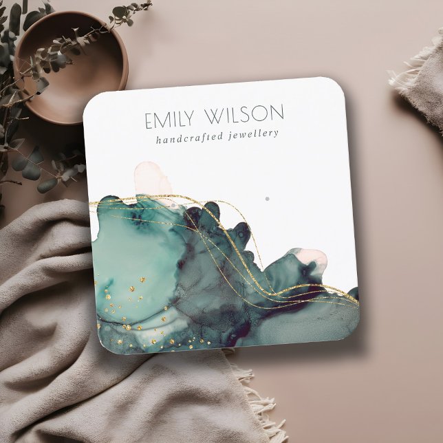Cartão De Visita Quadrado Tela Dourada de ressonância verde com tinta a álco (Criador carregado)