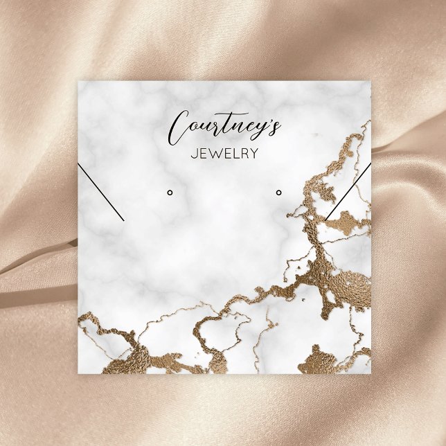 Cartão De Visita Quadrado Tela Dourada Marble Chic Bracelet Earrando Joias (Marble and gold glitter jewelry packaging cards with elegant calligraphy font and business details)