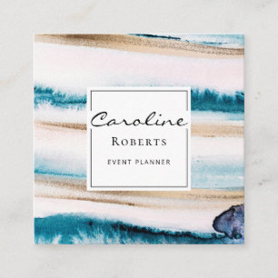 Cartão De Visita Quadrado Tendência Brushstrokes D'Água Cores Azuis Elegante