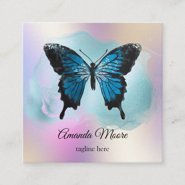 Cartão De Visita Quadrado terapeuta de ônibus de vida à borboleta azul hológ (Frente)