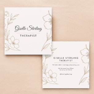 Cartão De Visita Quadrado Terapeuta Minimalista Blush Botânico Preto