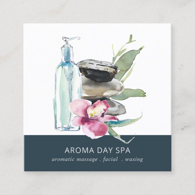 CARTÃO DE VISITA QUADRADO TERAPÊUTICA DE MASSAGEM ORCHID STONE BAMBOO WATERC (Frente)