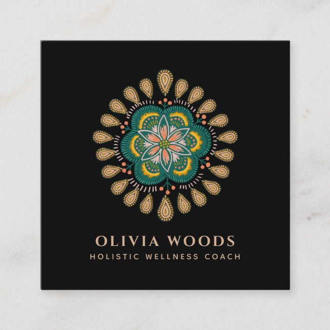 Cartão De Visita Quadrado Terapêutica Floral de Arte Boho Mandala (Frente)