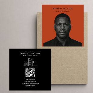 Cartão De Visita Quadrado Terracotta Laranja Preto Corretor QR Foto Quadrada