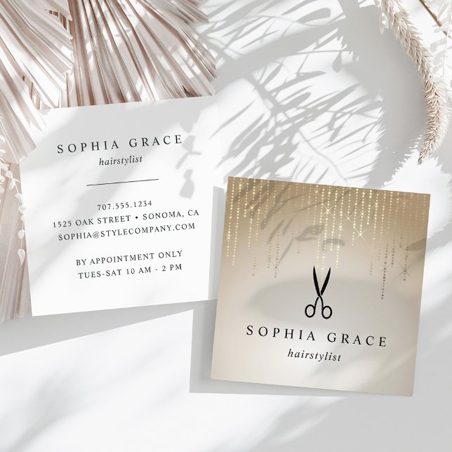 Cartão De Visita Quadrado Tesoura de Hairstylist de Chuva ouro (Criador carregado)