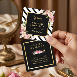 Cartão De Visita Quadrado Tesoura Dourada Flores Cabelo Estilista Bela Salão