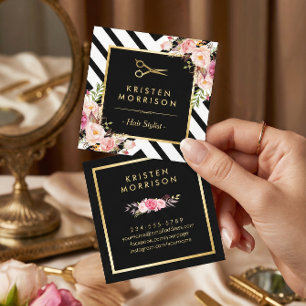Cartão De Visita Quadrado Tesoura Dourada Flores Cabelo Estilista Bela Salão