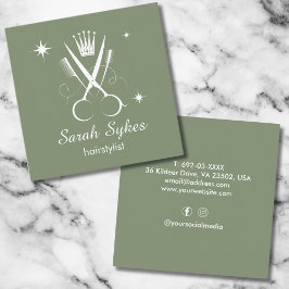 Cartão De Visita Quadrado Tesoura Hair Stylist Sage Green Barber Personaliza
