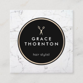 Cartão De Visita Quadrado Tesoura White Marble Hair Stylist