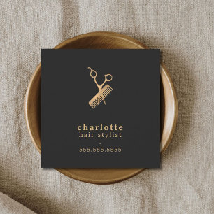 Cartão De Visita Quadrado Tesouras Douradas Escuras Escuras Elegantes