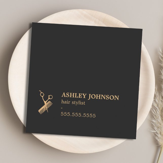 Cartão De Visita Quadrado Tesouras Douradas Escuras Escuras Elegantes (Criador carregado)