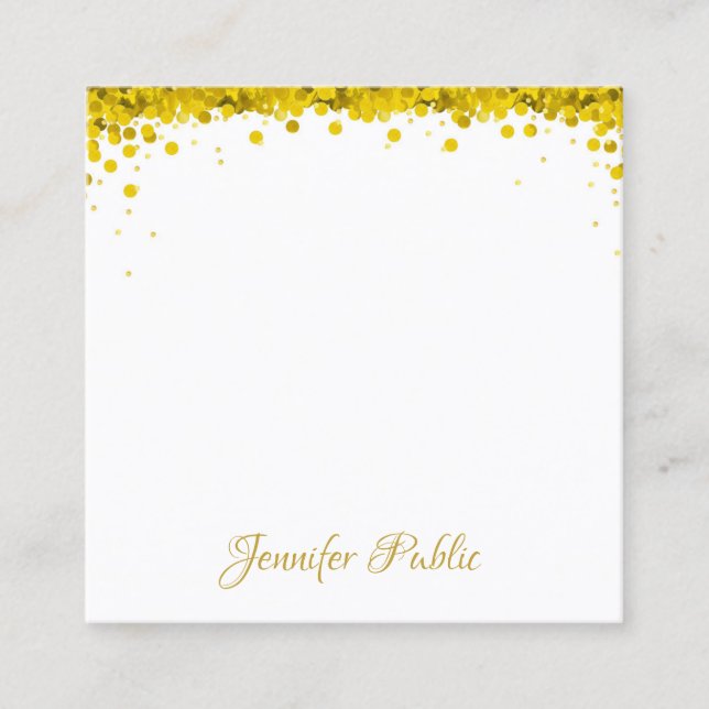 Cartão De Visita Quadrado Texto de Script de Mão de Confetti Dourado Elegant (Frente)