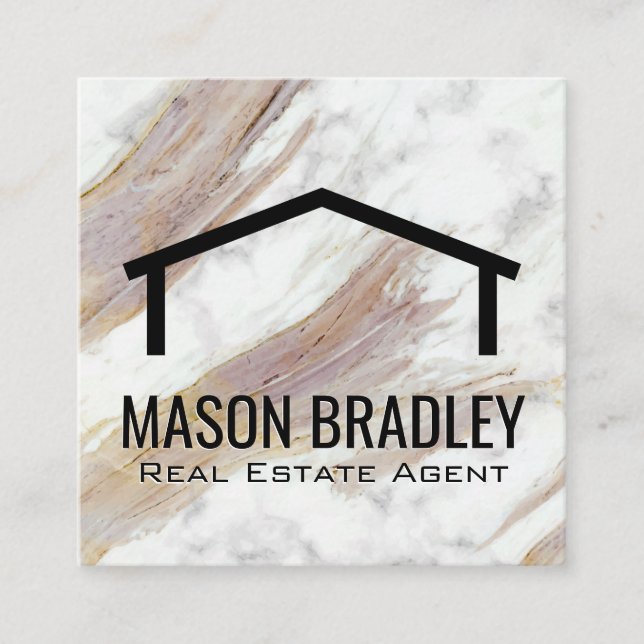 Cartão De Visita Quadrado Textura branca de mármore | Ícone do telhado (Frente)
