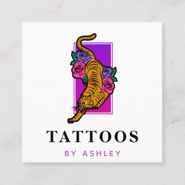 Cartão De Visita Quadrado Tigre Floral Japonês Ilustração Tatuagem (Frente)