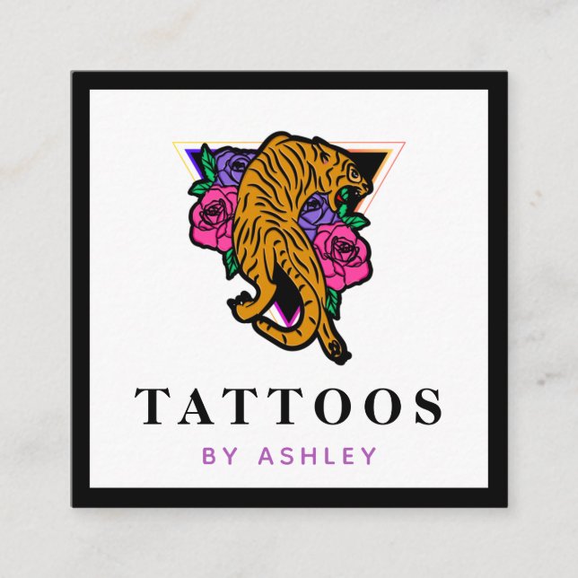 Cartão De Visita Quadrado Tigre Japonês Ilustração Tatuagem Artista Negrito (Frente)