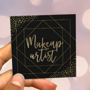 Cartão De Visita Quadrado Tipografia Artista Makeup Preto Moderno e Dourado