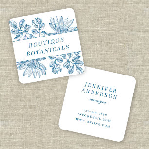 Cartão De Visita Quadrado Tipografia Botânica Vintage Azul Branco Elegante