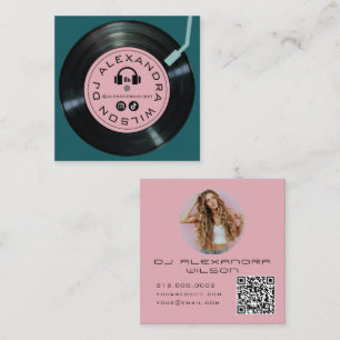 Cartão De Visita Quadrado Tocador de Vinil DJ Midnight Green & Pink Foto QR