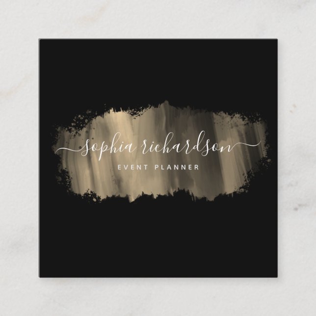 Cartão De Visita Quadrado Traço de Pincel Chic | Faux Dourado em preto (Frente)